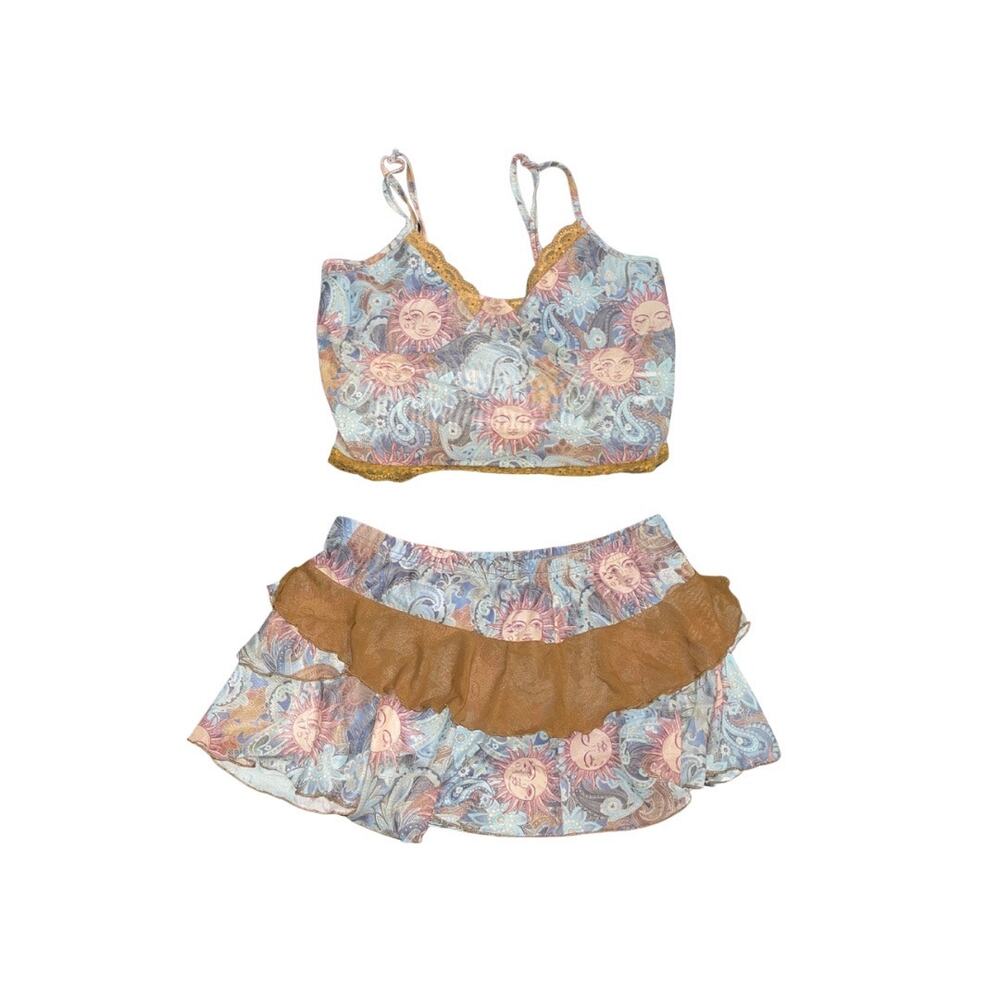 Shein Two Piece Sun Paisley Lace Mesh Top & Skirt SZ L BOHO Beachy Coachella